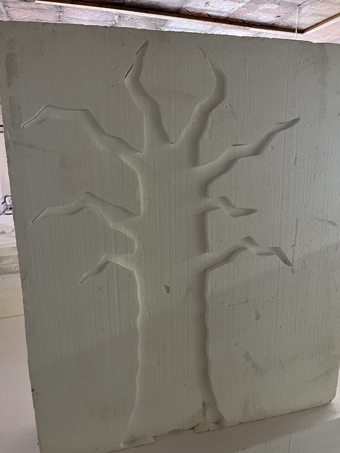 Tree design carved into a white EPS foam block